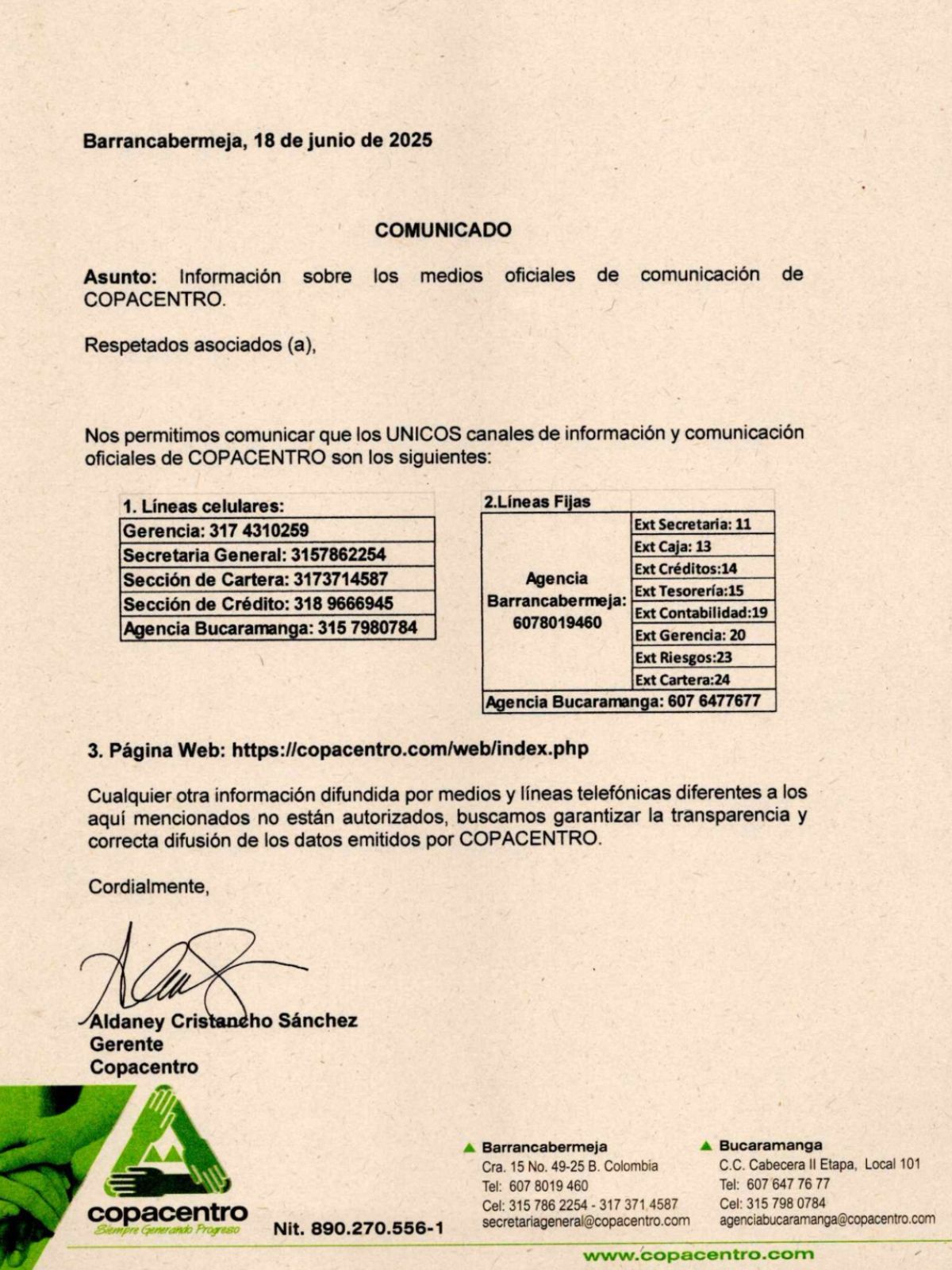 Comunicado oficial Copacentro